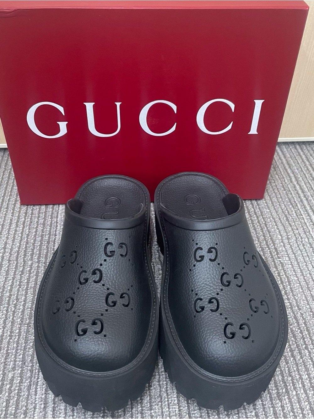 Gucci Black Perforated GG Clog Mules